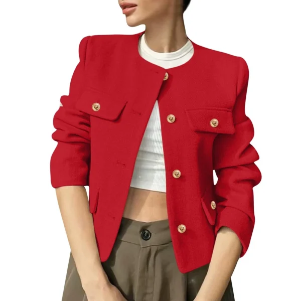 Women's Solid Color Round Neck Fashionable Button Decorated Short Jaket - Image 46