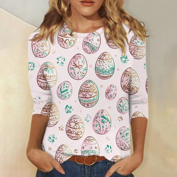 Women's Casual Fashion Easter Tops Plus Size Printed Basic 3/4 Sleeve Pullover - Image 16