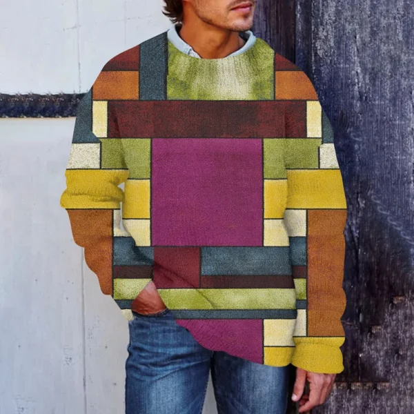 Men'S Printed Synthetic Sweater Round Neck Sportswear Loose Long Sleeved Top - Image 28