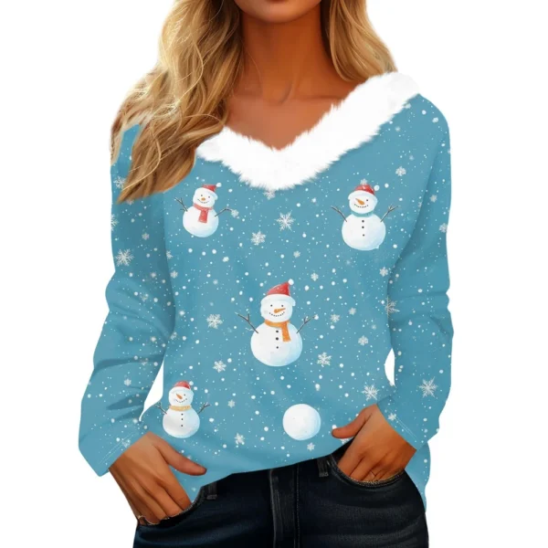 Women's Christmas Shirt Fleece Collar T Shirt Party V Neck Long Sleeve Top - Image 9