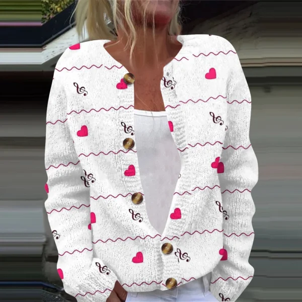 Women's Fashion Printed Valentine's Day Long Sleeved Knitted Cardigan Button - Image 28