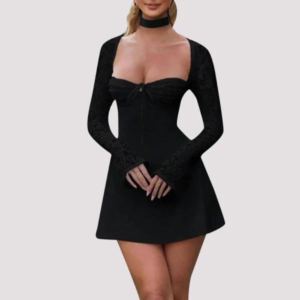 Women 's Elegant Lace Dress Lace Patchwork Long Sleeve Low Cut Dress Backless - Image 16