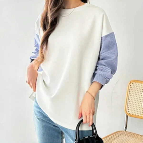 Striped Plaid Sleeves Splicing Long Sleeve Shirt Top - Image 3
