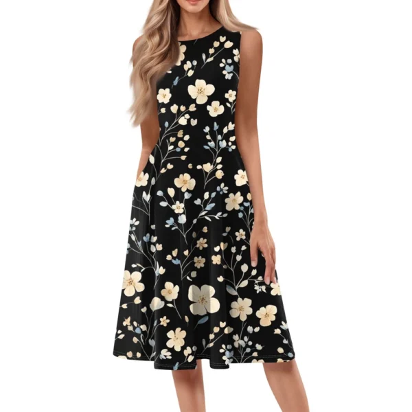 Women's Casual Fashion Floral Print Round Neck Sleeveless Solid Color Midi Dress - Image 17