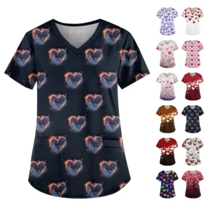 Women's Cute Printed Work Clothes V-neck Double Layer Pockets Basic Short