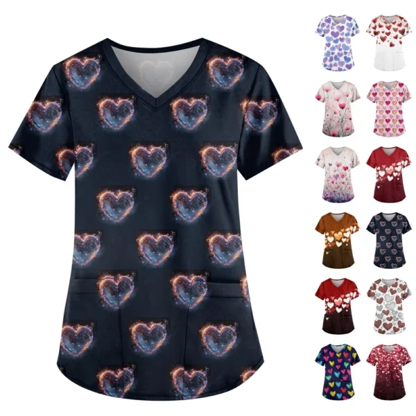Women's Cute Printed Work Clothes V-neck Double Layer Pockets Basic Short