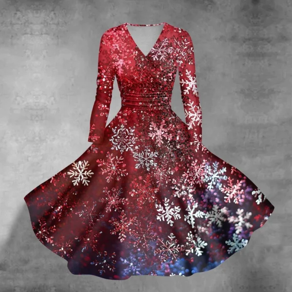 Women's Casual V-Neck Slim Fashion Christmas Long Sleeve Printed Dresses - Image 49