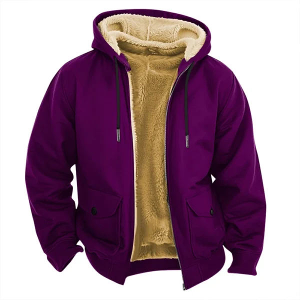 Men's Casual Zippered Pocket Hooded Jacket Men's Solid Color Fashion Warm Jacket - Image 2