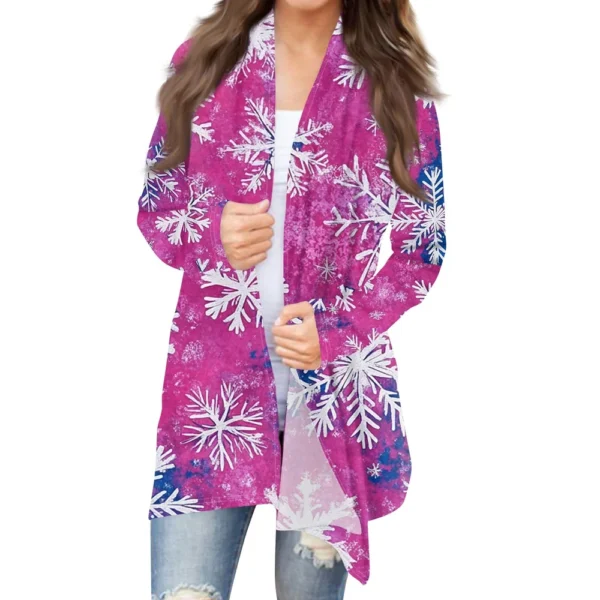 Women's Cardigan Christmas Printed Jacket Casual Medium Length Fashion Coat - Image 9