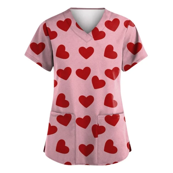 Women's Valentine's Day Printed  Uniform Work Uniform V-Neck Pocket Protective - Image 26