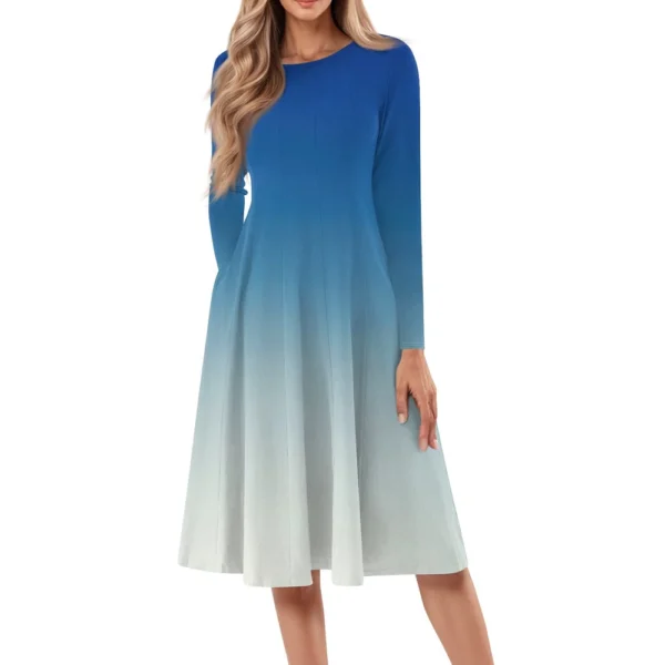 Women's Casual Fashion Round Neck Long Sleeve Print Midi Dress - Image 14