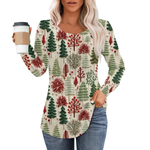 Women's Christmas Pleated Top Round Neck Casual Printed Long Sleeved T-Shirt - Image 4