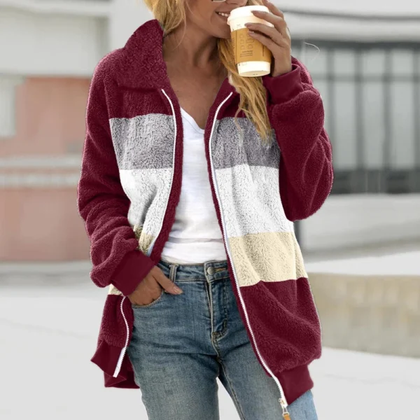 Women's Casual Color Blocking Loose Plush Zippered Flip Collar Jacket With - Image 34