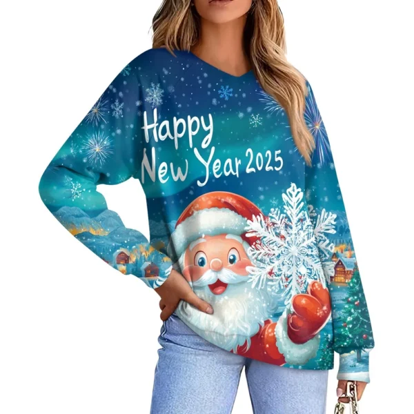 Women's Casual Fashion Comfortable Raglan Sleeve V-Neck Christmas Print - Image 7