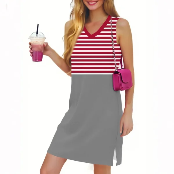 Women's Casual Fashion Sexy V-neck Sleeveless Striped Hem Slit Dress - Image 28