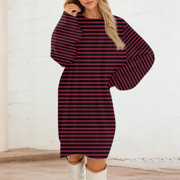 Women's Round Neck Casual Long Sleeve Plush Gradient Stripe Dresses - Image 21