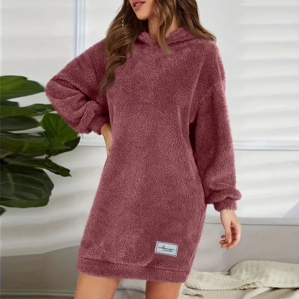 Women's Fashion Hooded Long Sleeve Plush Dress Solid Color Casual Sweatshirt - Image 42