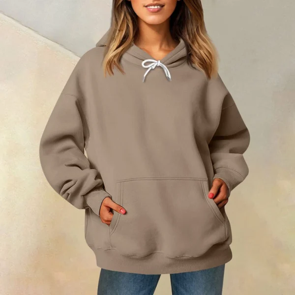 Ladies' Fashionable Casual Long Sleeved Round Neck Hooded Solid Color Hoodie - Image 16