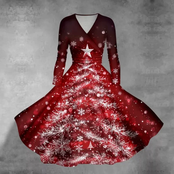 Women's Casual V-Neck Slim Fashion Christmas Long Sleeve Printed Dresses - Image 28
