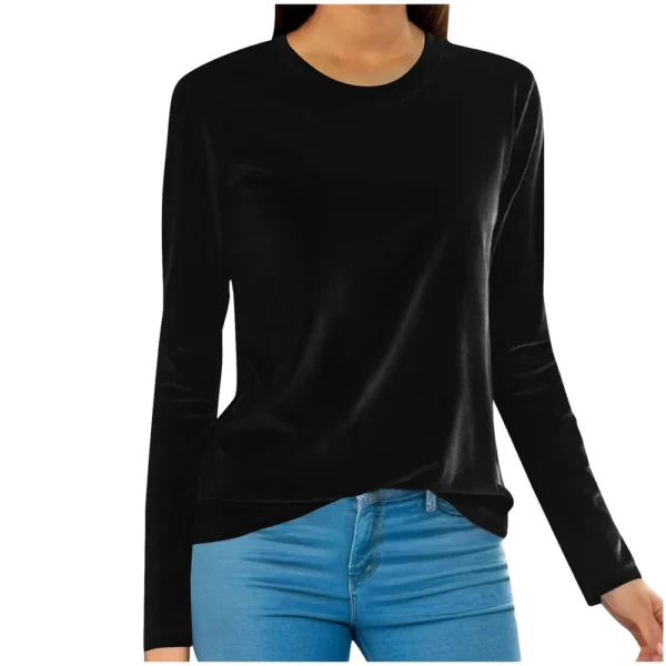 Women's Fashion Golden Velvet Solid Colour Round Neck Long Sleeve T-Shirt Top - Image 7
