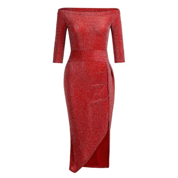 Women's Fashion Sexy Strapless High Slit Tight Dress Half Sleeve Dress - Image 7