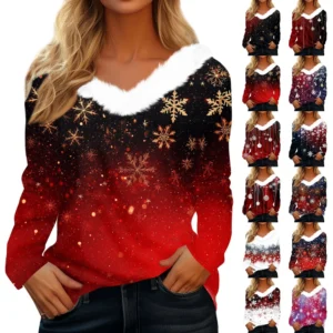 Women's Christmas Party V Neck T Shirt Fleece Collar Shirt Long Sleeve Top