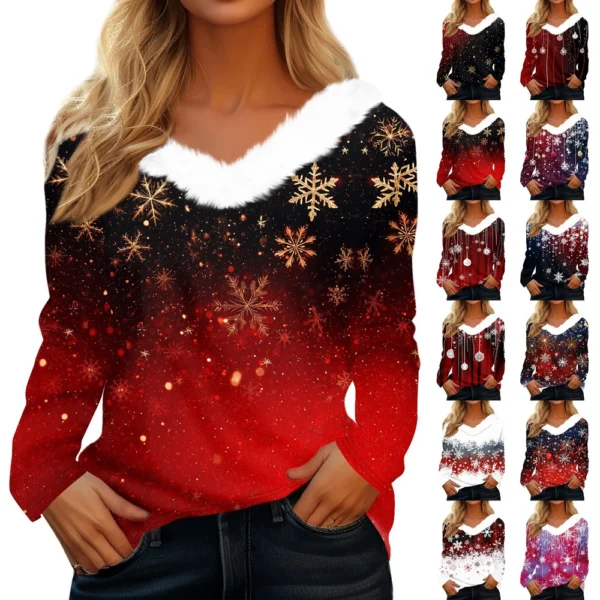 Women's Christmas Party V Neck T Shirt Fleece Collar Shirt Long Sleeve Top