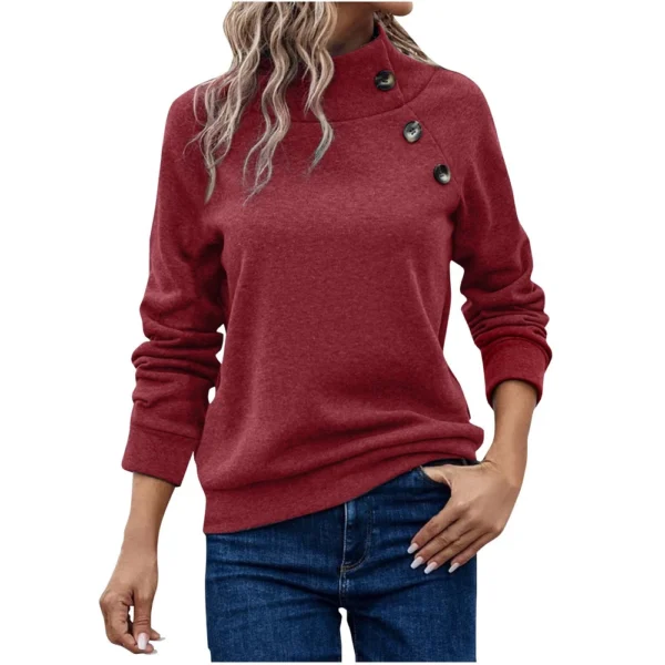 Women's Fashion Casual Solid Color High-neck Button Loose Long-sleeved Hoodie - Image 25