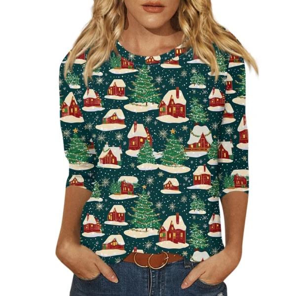 Ladies Loose Printed Casual T-Shirt Round Neck 3/4 Sleeve Christmas Women's Top - Image 11