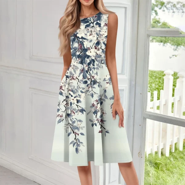 Women's Casual Fashion Floral Print Round Neck Sleeveless Solid Color Midi Dress - Image 22