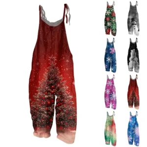 Women's Christmas Shoulder Strap Casual Loose Vintage Jumpsuit Print