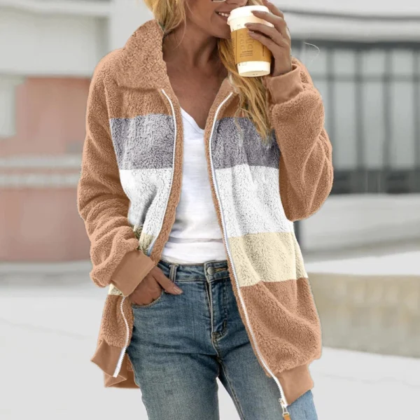 Women's Casual Color Blocking Loose Plush Zippered Flip Collar Jacket With - Image 25