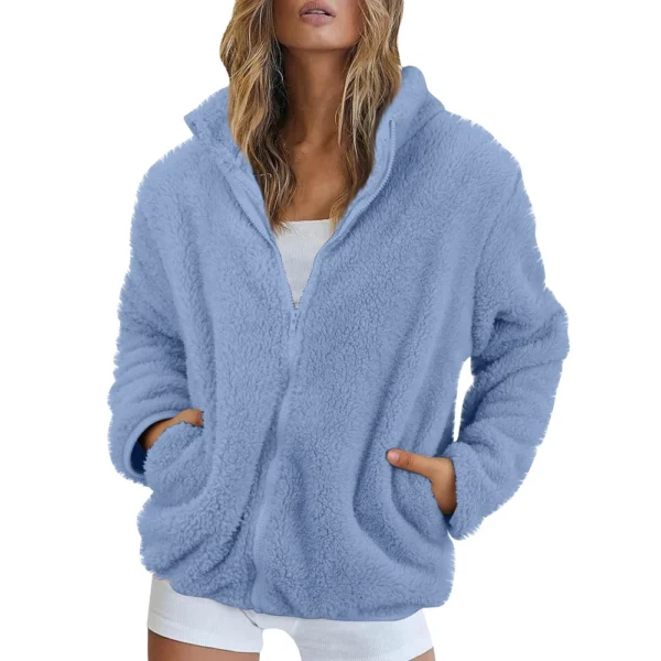 Women's Solid Color Loose High Neck Long Fleece Plush Warm Zipper Jacket - Image 44