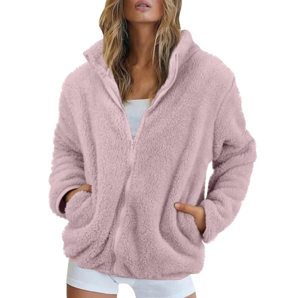 Women's Solid Color Loose High Neck Long Fleece Plush Warm Zipper Jacket - Image 31