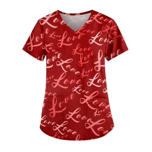 Women's Cute Printed Work Clothes V-neck Double Layer Pockets Basic Short - Image 2