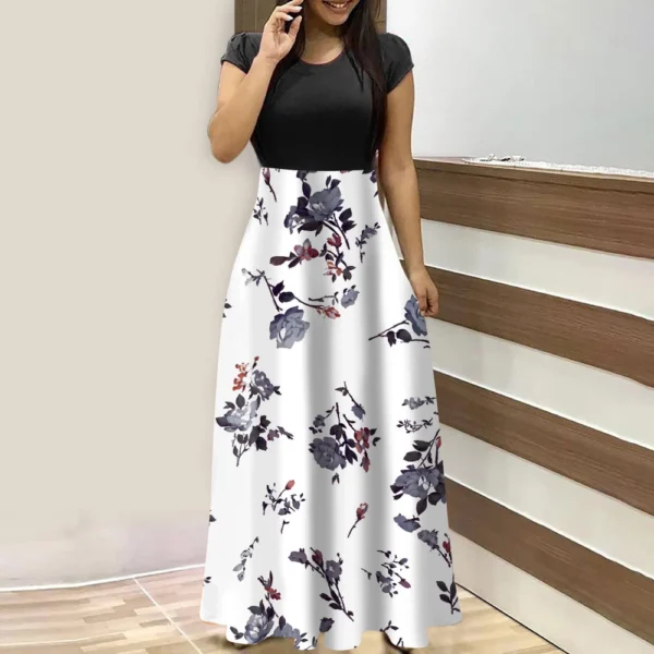 Women's Fashion Casual Loose Printed Round Neck Short Sleeve Long Dresses - Image 25