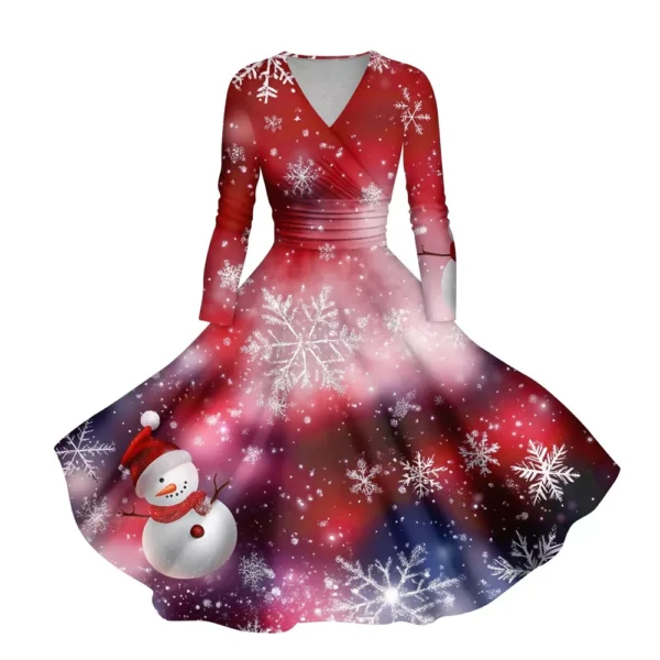 Women's Casual V-Neck Slim Fashion Christmas Long Sleeve Printed Dresses - Image 23