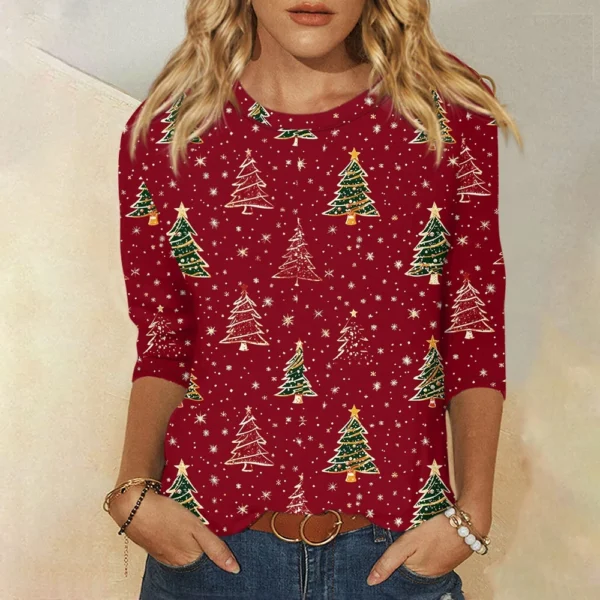 Ladies Loose Printed Casual T-Shirt Round Neck 3/4 Sleeve Christmas Women's Top - Image 40