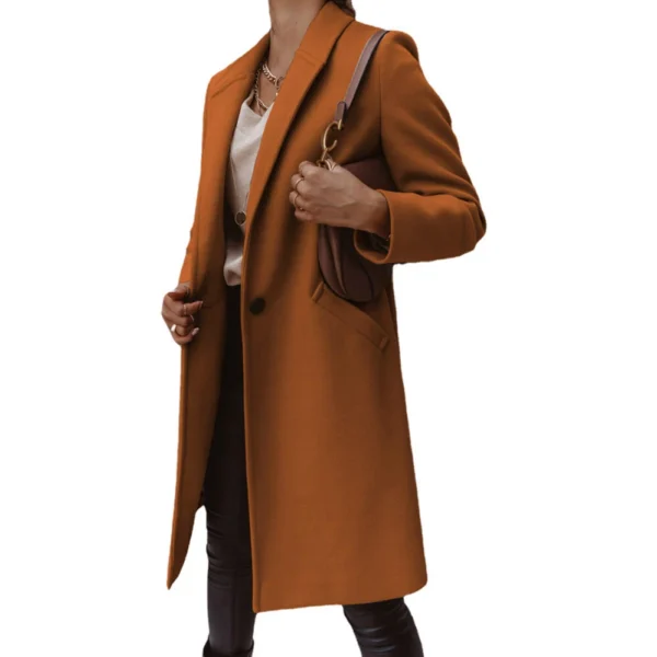 Solid color lapel long button woolen coat for women - Image 22