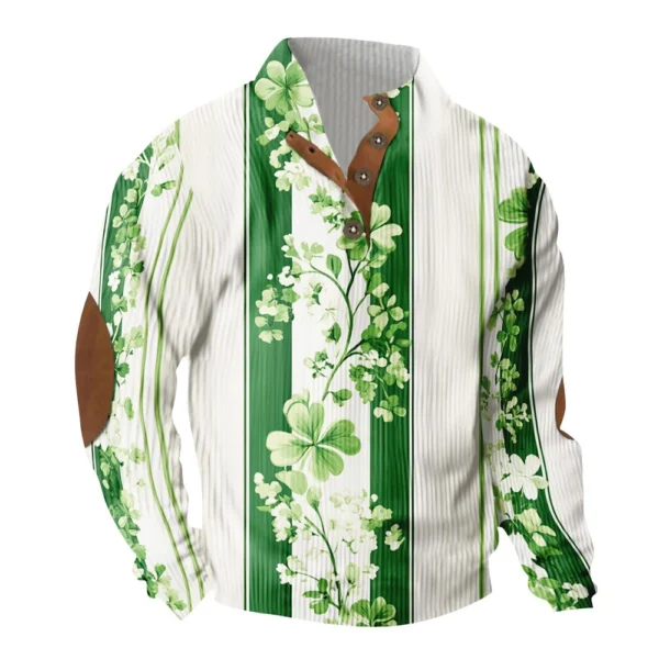 Knit Printed 3 Button - Corduroy Men's Standing Collar Pocket Sweatshirt - Image 3
