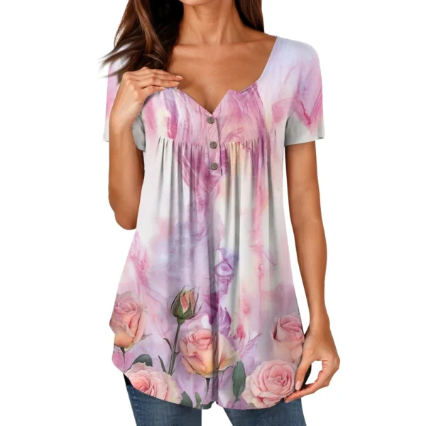 Women Tunic Tops Dressy Casual Summer Short Sleeve Shirts Loose Fit Pleated - Image 3