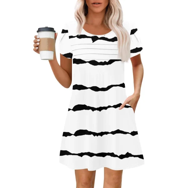 Women's Summer Casual Petal Slim Stripe Pleated Solid Color Dresses - Image 32