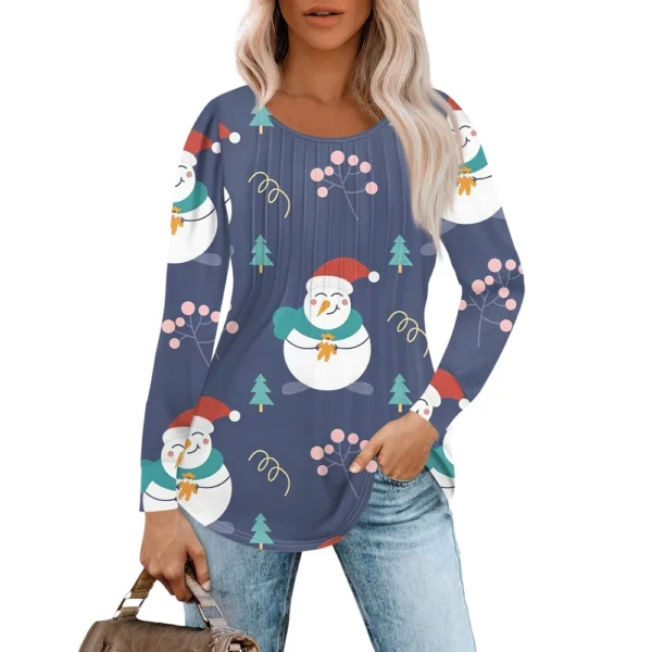 Women's Christmas Printed Top Round Neck Casual Pleated Long Sleeved T-Shirt - Image 31