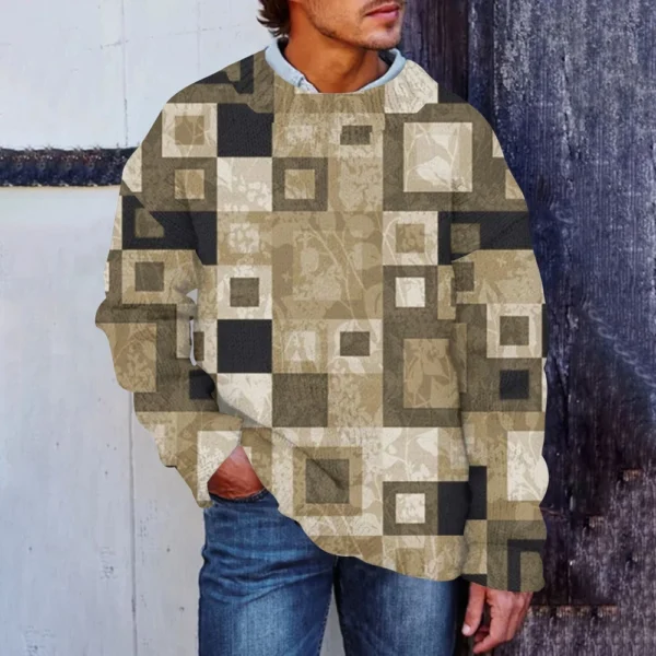 Men'S Printed Synthetic Sweater Round Neck Sportswear Loose Long Sleeved Top - Image 16