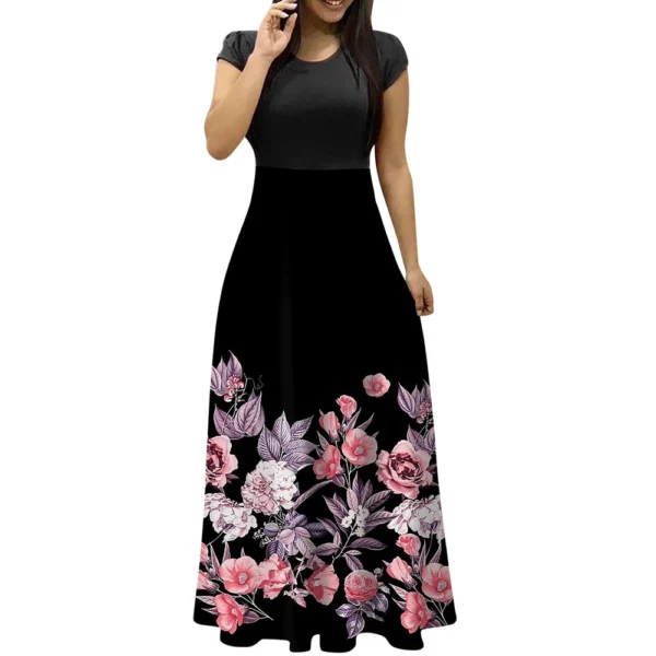 Women's Fashion Casual Loose Printed Round Neck Short Sleeve Long Dresses - Image 7