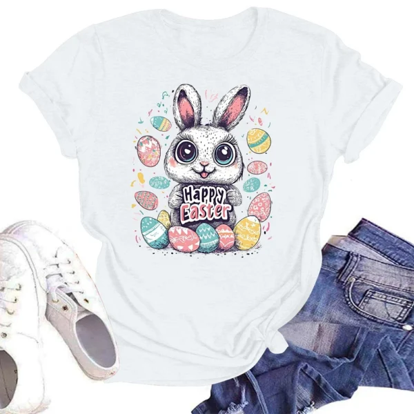 Happy Easter Women's Fashion Printed Round Neck Short Sleeve T-Shirt Pullover - Image 31
