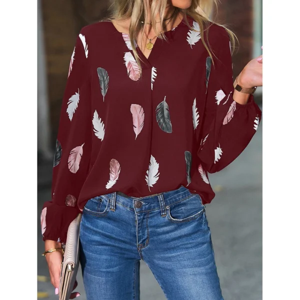 V-neck printed long-sleeved loose T-shirt women's top - Image 16