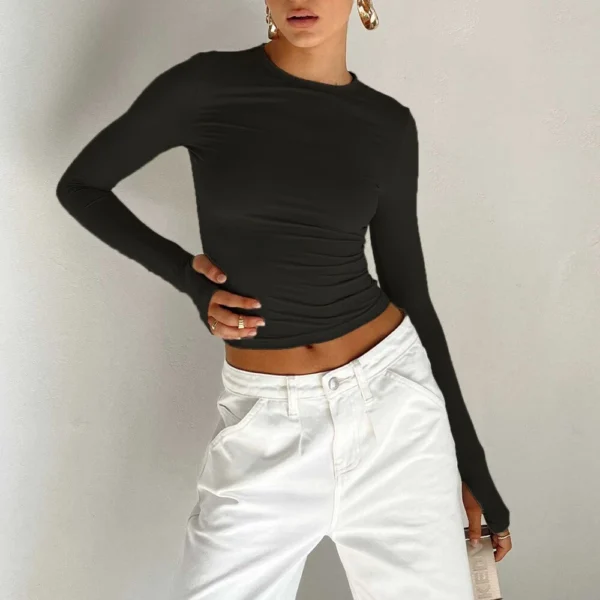 Women's Solid Color Crew Neck Bottom Shirt Long Sleeve Top Women's - Image 2