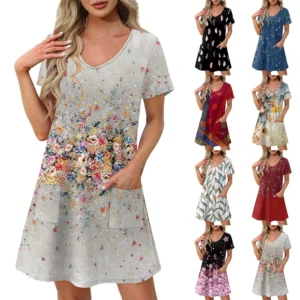 Ladies' Casual And Fashionable V-neck Short Sleeve Printing Mid Length Dress