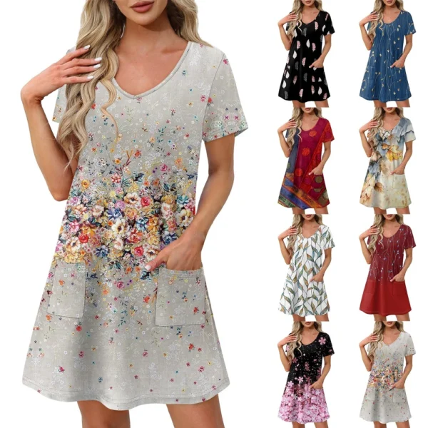 Ladies' Casual And Fashionable V-neck Short Sleeve Printing Mid Length Dress